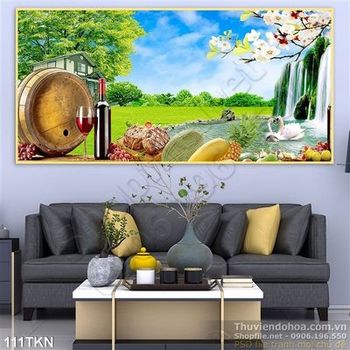 Tranh rượu vang và thác nước trang trí bếp