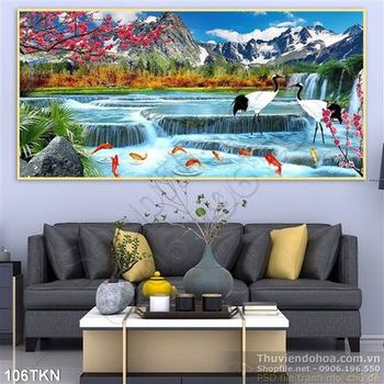 Tranh thác nước và chim Hạc phong thủy