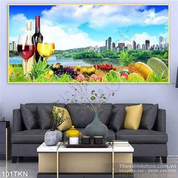 Tranh rượu vang và trái cây trang trí bếp