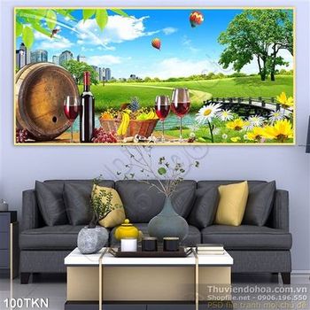 Tranh phong cảnh và rượu vang trang trí bếp