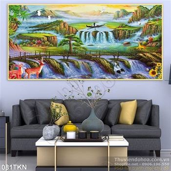 Tranh sơn thác nước và chim đôi hươu đẹp