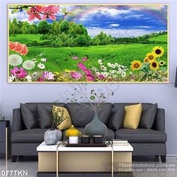 Tranh cánh đồng và hoa hướng dương đẹp