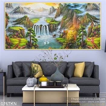 Tranh sơn dầu thác nước và chim thiên nga