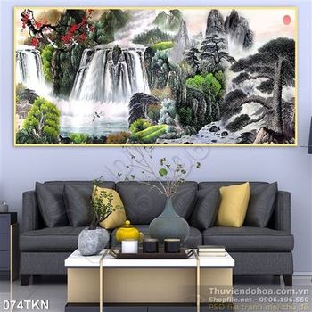 Tranh sơn dầu và thác nước mùa xuân