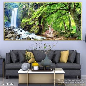 Tranh thác nước và đôi hươu trong rừng