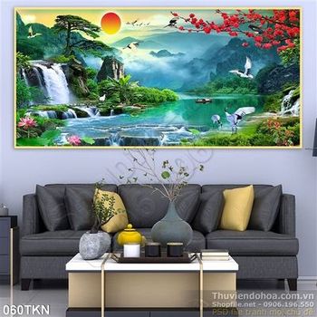 Tranh thác và chim Hạc bên dòng sông đẹp