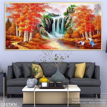 Tranh sơn dầu mùa thu và thác nước treo tường