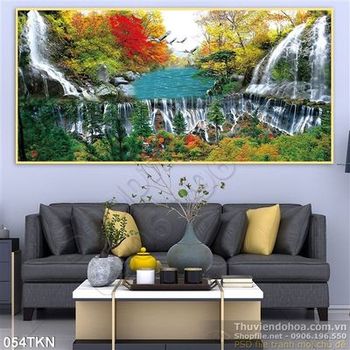 Tranh thác nước mùa thu và chim Hạc đẹp