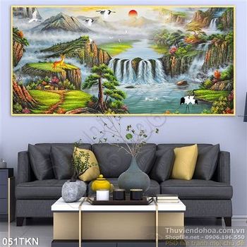 Tranh thác nước phong thủy và chim Hạc