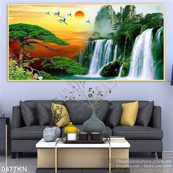 Tranh thác nước và cây Tùng trang trí tường đẹp