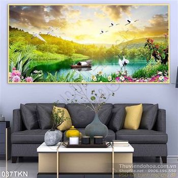 Tranh nước bên dòng sông và chim Hạc