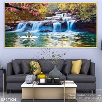 Tranh thác nước màu xuân và chim thiên nga