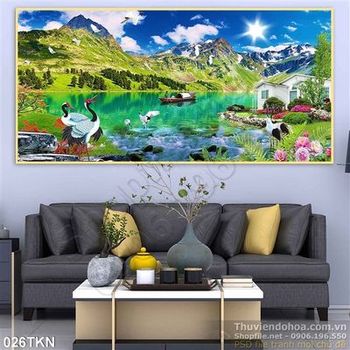 Tranh cảnh chim Hạc và núi trang trí phòng khách