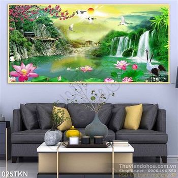 Tranh sơn thủy thác nước và hoa Sen