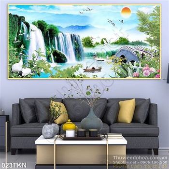 Tranh thác nước và chim hạc trang trí tường đẹp