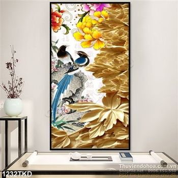 Tranh điêu khắc hoa mẫu đơn và chim én