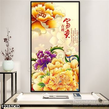 Tranh hoa mẫu đơn kim tiền thư pháp