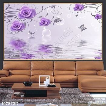 Tranh 3D hoa hồng nền tím trang trí nội thất