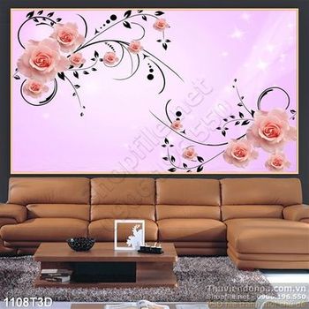 Tranh 3D hoa hồng nền tím trang trí nội thất