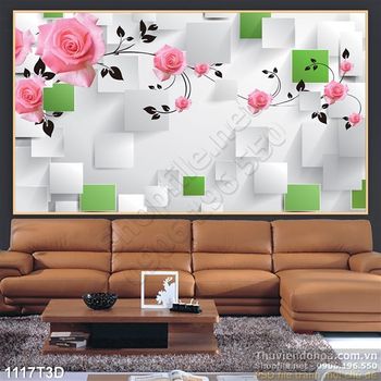 Tranh 3D hoa hồng nền gạch treo tường
