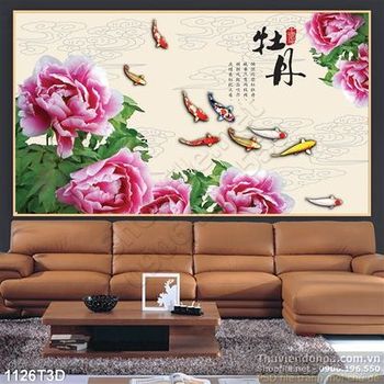 Tranh 3D thư pháp hoa mẫu đơn