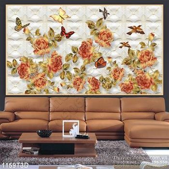 Tranh 3D hoa hồng nền gạch trang trí