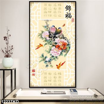 Tranh thư pháp chim Sẻ và hoa mẫu đơn