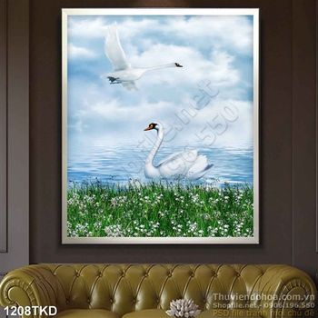 Tranh chim thiên nga và hồ nước