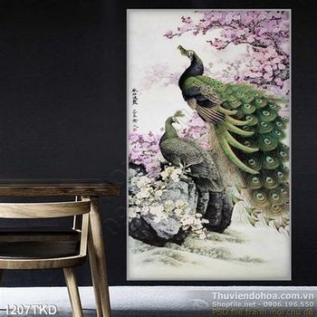 Tranh chim công và hoa Đào