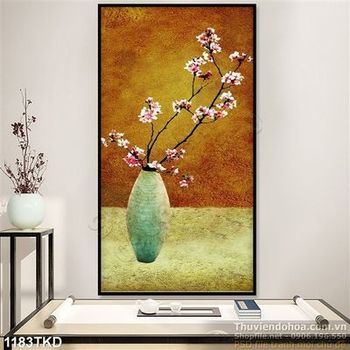 Tranh sơn dầu bình hoa Đào trang trí