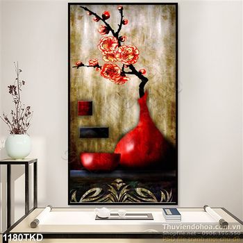Tranh bình hoa đào sơn dầu