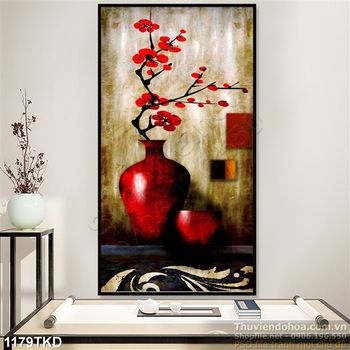 Tranh sơn dầu bình hoa Đào trang trí Tết