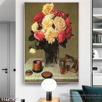 Tranh sơn dầu bình hoa hồng