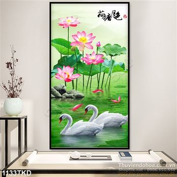 Tranh hoa Sen và chim thiên nga