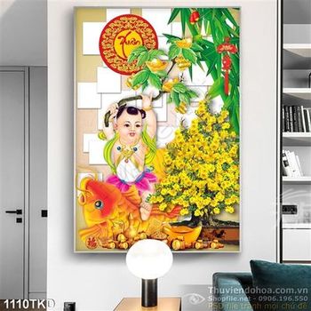 Tranh chậu hoa mai và tiên đồng