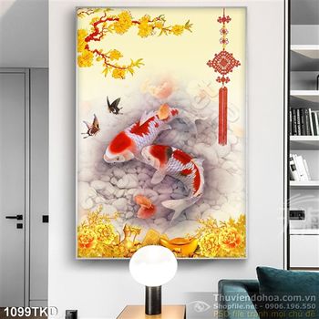 Tranh cá chép và hoa Mai trang trí Tết
