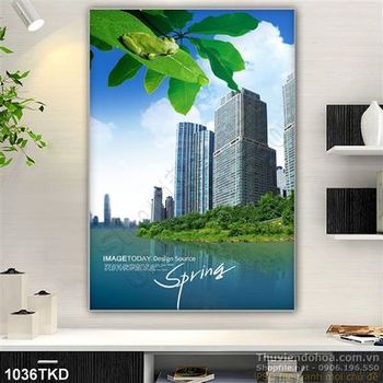 Tranh nhà cao tầng và dòng sông