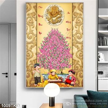 Tranh chậu hoa đào in lịch Tết chất lượng cao