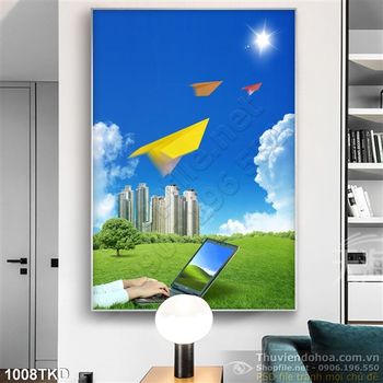 Tranh đồng cỏ và nhà cao tầng