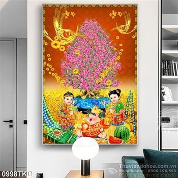 Tranh chậu hoa Đào và rồng phụng