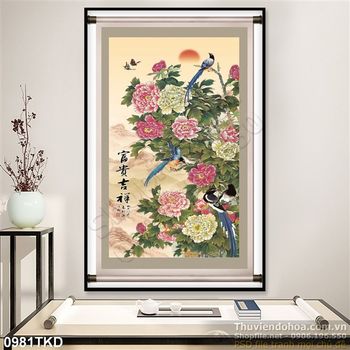 Tranh sơn dầu hoa mẫu đơn và chim yến