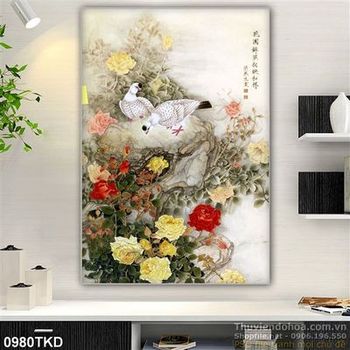 Tranh thư pháp hoa hồng và chim