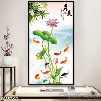 Tranh hoa Sen cá chép và cây tre