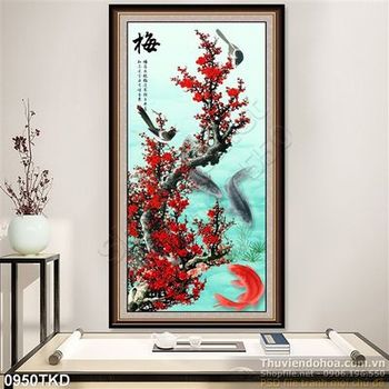 Tranh thư pháp hoa đào và cá chép