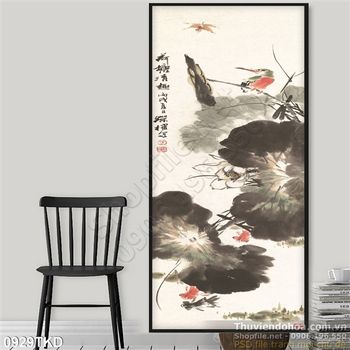 Tranh thư pháp hoa sen và chim sẻ