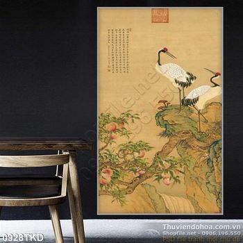 Tranh thư pháp chim Hạc và cây đào