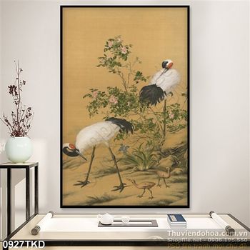 Tranh sơn dầu chim Hạc và hoa mẫu đơn
