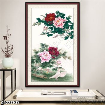 Tranh hoa mẫu đơn và chim bồ câu