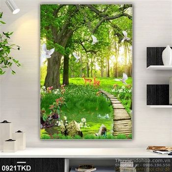 Tranh nai trong rừng và chim bồ câu