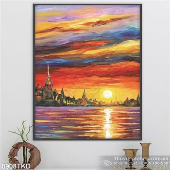 Tranh sơn dầu cảnh bình minh trên biển